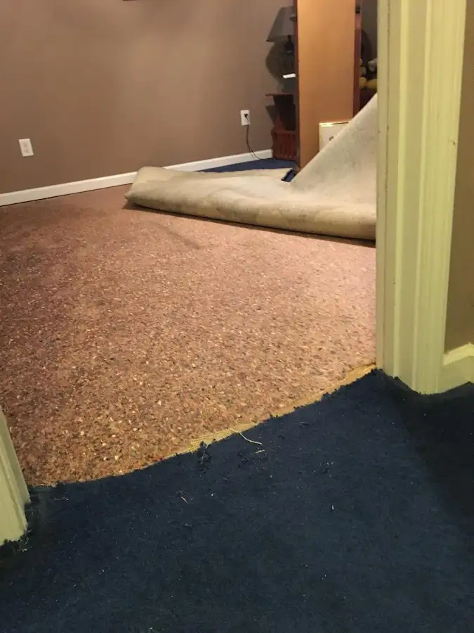 Carpet pad removal revealing water damage during Water Mitigation Services in Lauderdale-by-the-Sea